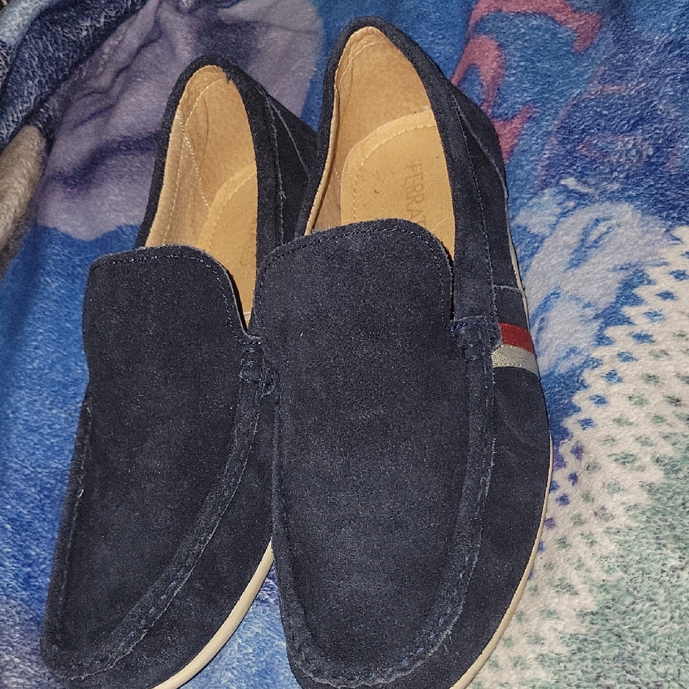 Blue Suede Slip-On Loafers with Moccasin Stitching